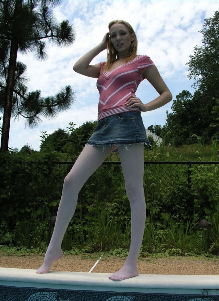 Blonde Girl wearing Blue Denim Mini Skirt and White Opaque Pantyhose